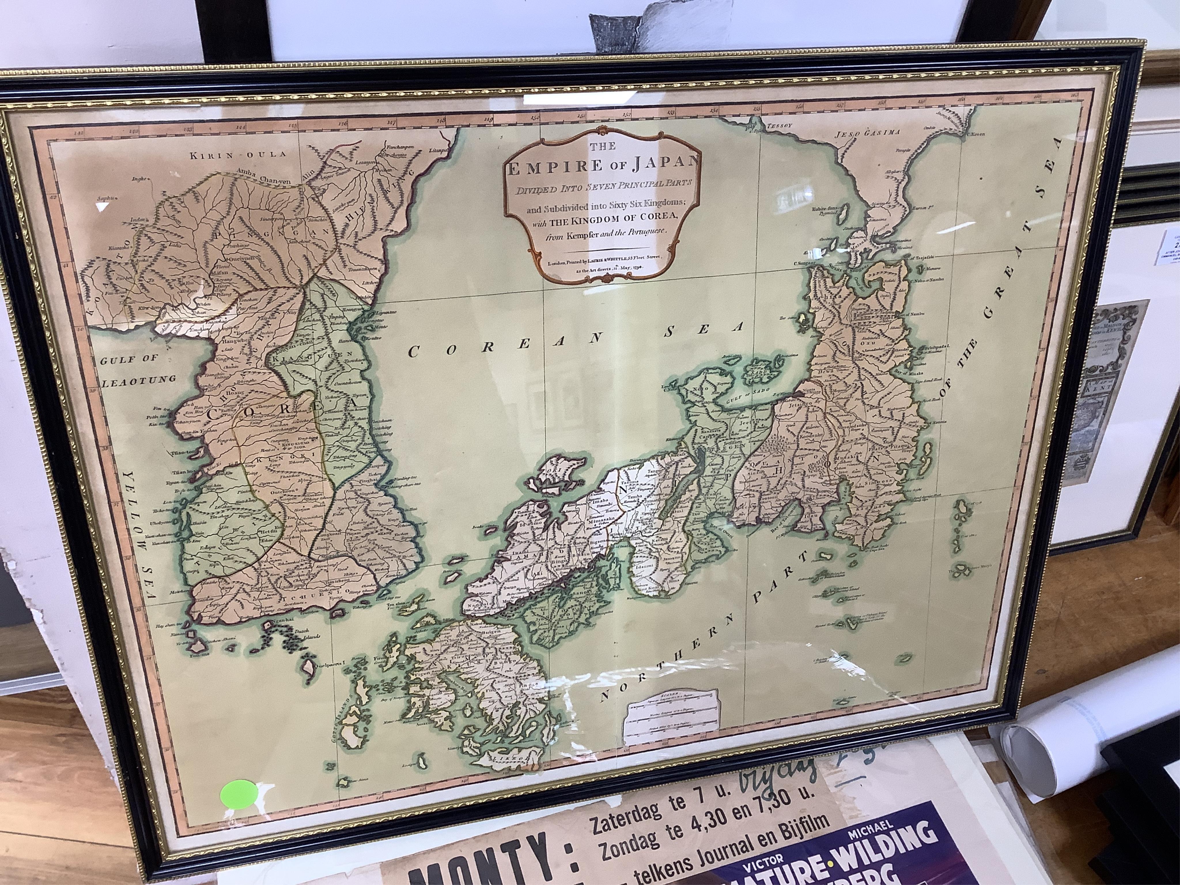 A collection of six maps and engravings to include: The Empire of Japan, printed by Laurie & Whittle, 1794 and China Proper from Gilberts Modern Atlas, framed